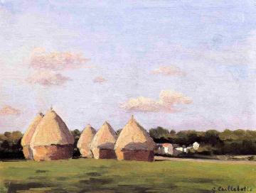 Harvest, Landscape with Five Haystacks Artwork by Gustave Caillebotte