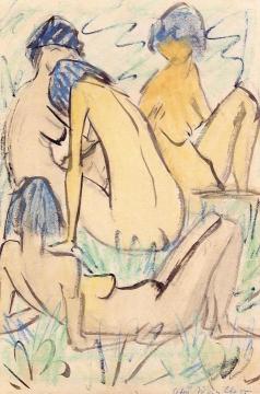 Girls Sitting And Lying In The Grass Artwork by Otto Mueller