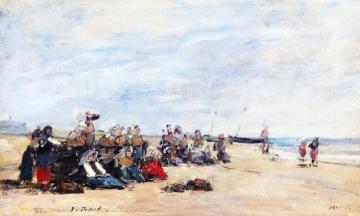 Berck, a Group of Fisherwomen Seated on the Shore Artwork by Eugène-Louis Boudin