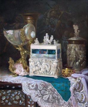 Still Life with a Nuremburg Casket, Nautilus Cup and Other Objects Artwork by Ludwig Augustin