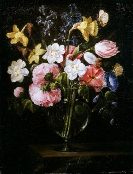 Roses, Clematis, a Tulip and other flowers in a Glass Vase on a wooden Ledge with a Butterfly Artwork by Juan de Arellano