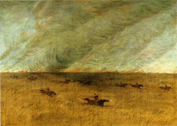 Fire in a Missouri Meadow and a Party of Sioux Indians Escaping from It, Upper Missouri Artwork by George Catlin