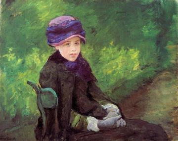 Susan Seated Outdoors Wearing a Purple Hat Artwork by Mary Cassatt