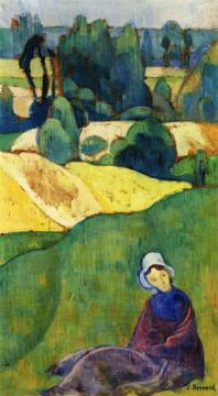 Woman Sitting In A Field: Brittany Artwork by Émile Bernard