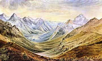 View from Monument at Summit Looking West along 49th Parallel. Highest Peak Kintla Range Bears S. 25 W. Artwork by James Madison Alden