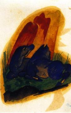 Two Blue Horses in front of a Red Rock Artwork by Franz Marc