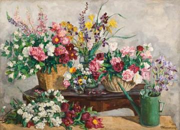 Four bouquets on the table and watering can Artwork by Pyotr Konchalovsky
