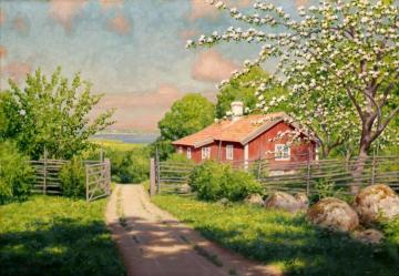 Summer Idyll with Blooming Fruit Tree Artwork by Johan Krouthén