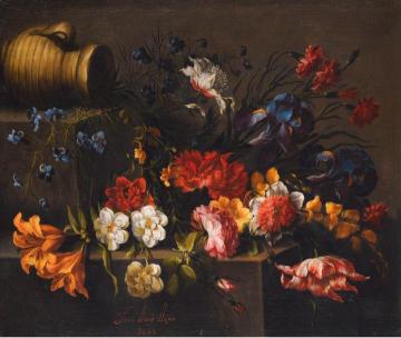 A Tulip, Roses, Dahlias, Peonies, Campanula, Orange Blossom on some Steps Artwork by Juan de Arellano