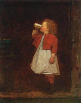Little Girl with Red Jacket Drinking from Mug Artwork by Eastman Johnson