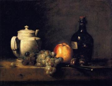 White Teapot with White and Red Grapes, Apple, Chestnuts, Knife and Bottle Artwork by Jean-Baptiste-Simeon Chardin