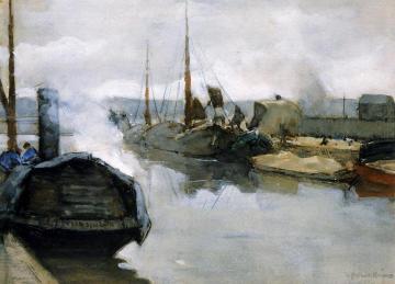 Moored shiips in city harbour Artwork by Floris Arntzenius