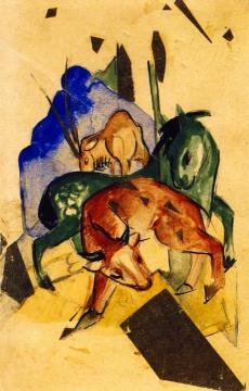 Three Animals on the Blue Mountain Artwork by Franz Marc