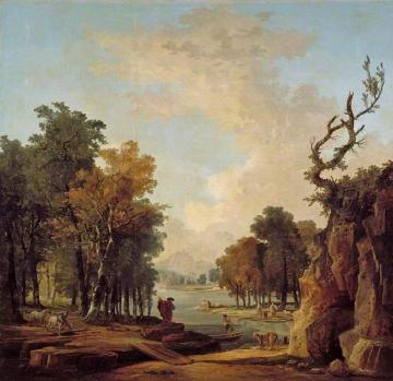 Wooded River Landscape with a Traveller, a Barking Dog, a Horseman and Women Washing at an Islet Artwork by Hubert Robert