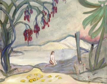 Kneeling Nude In Exotic Landscape Artwork by Alfred Kubin