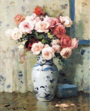 Pink Roses And A Blue Snuff Box Artwork by Fernand Toussaint