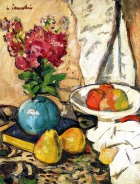 Still Life with Fruit and Flowers in a Green Vase Artwork by George Leslie Hunter