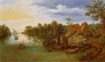 River Landscape With Landing Artwork by Jan Bruegel the Elder