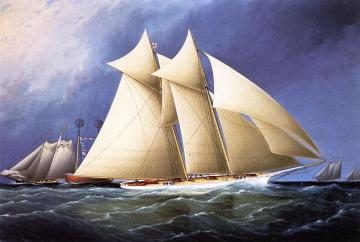 New York Yacht Club Schooner 'Columbia' Leading New York Yacht Club Schooner 'Dauntless' Rounding Sandy Hook Lightship in the Hu Artwork by James E. Buttersworth