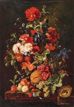 Floral Still Life with Fruit and Bird's Nest Artwork by Emilie Preyer