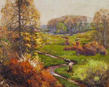 Spring Landscape with Meandering Stream and Cows Artwork by Mathias J. Alten