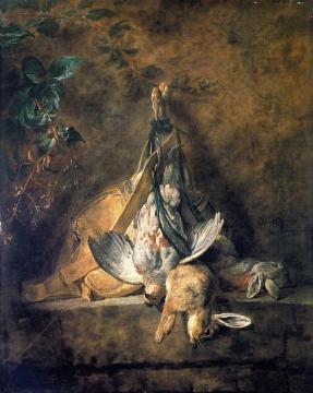 Two Rabbits, A Grey Partridge, Game Bag And Powder Flask Artwork by Jean-Baptiste-Simeon Chardin