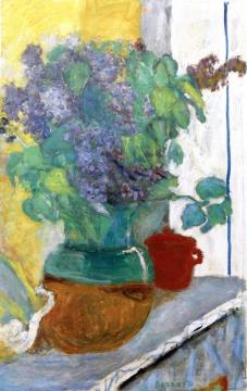 Purple Lilacs in a Green and Yellow Earthenware Vase Artwork by Pierre Bonnard