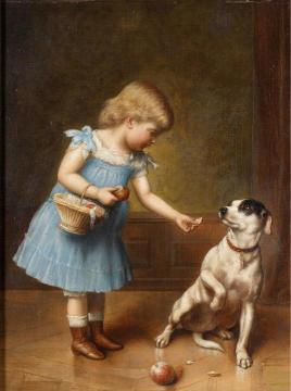 Young Girl Feeding A Dog Artwork by Carl Reichert