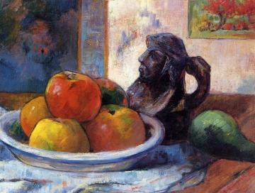 Still Life with Apples, Pear and Ceramic Portrait Jug Artwork by Paul Gauguin