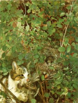Cat Hunting Birds Artwork by Bruno Liljefors