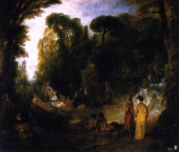 Gathering by the Fountain of Neptune Artwork by Jean-Antoine Watteau