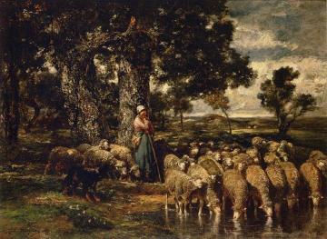 A Shepherdess with Her Flock Artwork by Charles-Émile Jacque