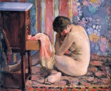 Nude with a Pink Chemise Artwork by Henri Lebasque