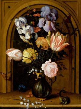 Still Life of Flowers in a Glass Vase on a niche with butterfly, lizard, fly and dragonfly Artwork by Balthasar van der Ast