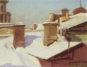 Roofs in Winter Artwork by Nikolai Krymov