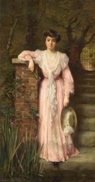 A portrait of a lady in a garden wearing a pink dress holding an iris Artwork by Thomas Benjamin Kennington