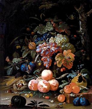 A still life of red and white grapes in a basket, peaches, plums Artwork by Abraham Mignon