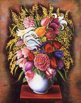 Bouquet Of Mixed Flowers And Mimosas Artwork by Moise Kisling