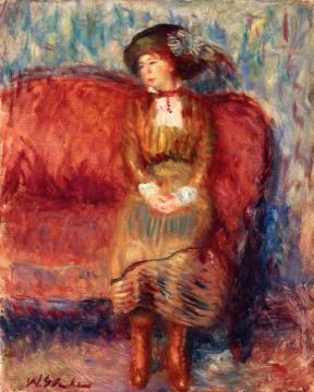 Woman Seated on Red Sofa Artwork by William James Glackens