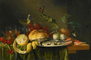 Still life of a Glass of Wine with Grapes, Bread, a Glass of Beer, Fruit, etc. Artwork by Jan Davidsz De Heem
