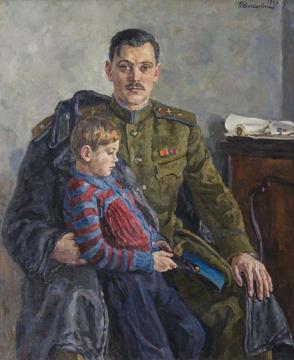 Portrait of Poet Sergei Mikhalkov with his son Artwork by Pyotr Konchalovsky