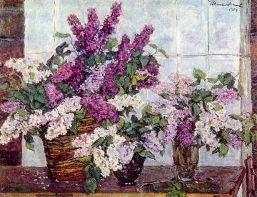 Lilac, crystal vase and a basket Artwork by Pyotr Konchalovsky