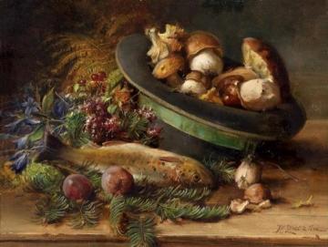 Still Life with Mushrooms and Fish Artwork by Hans Zatzka