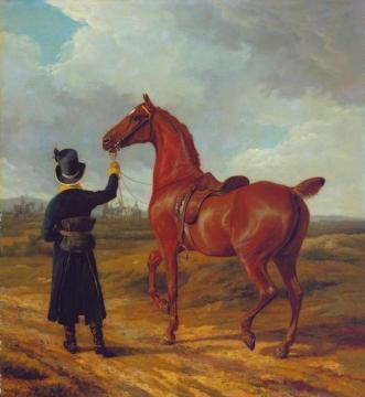 Lord Rivers Groom Leading a Chestnut Hunter towards a Coursing Party in Hampshire Artwork by Jacques-Laurent Agasse