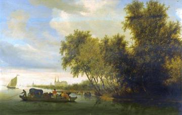 A river landscape with a ferry boat and a distant view of Deventer Artwork by Salomon van Ruysdael