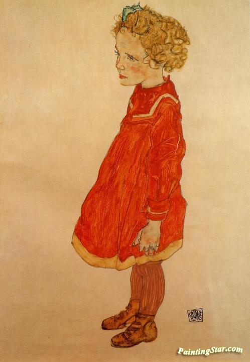Little Girl With Blond Hair In A Red Dress Artwork by Egon Schiele