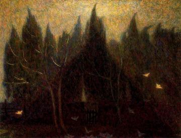 Cypresses and Pigeons Artwork by Benvenuto Benvenuti