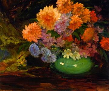 Dahlias in Green Bowl Artwork by Jean Mannheim