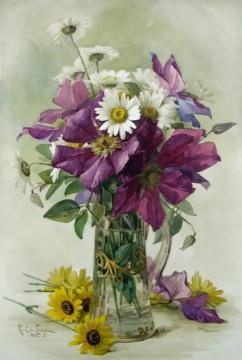 Large Purple Clematis And White Daisies Artwork by Raoul de Longpre