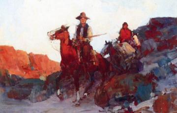 Cowboy and Indian on Horseback Artwork by Frank Tenney Johnson